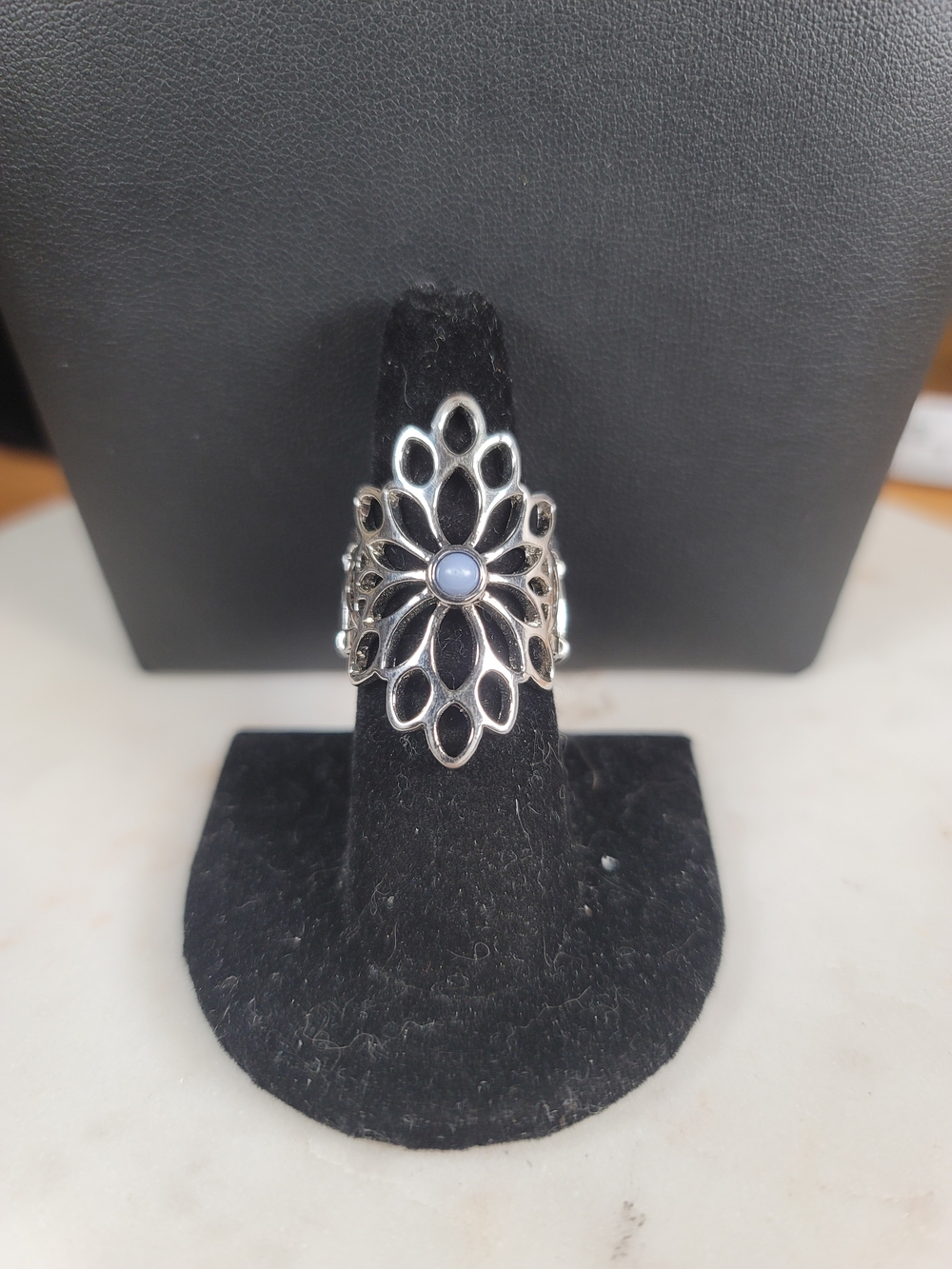 paparazzi Silver Floral Filigree Ring with Light Blue Center
